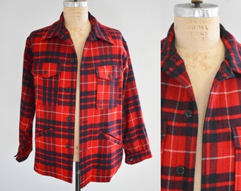 1960s Pendleton Red Wool Plaid Shirt Jacket