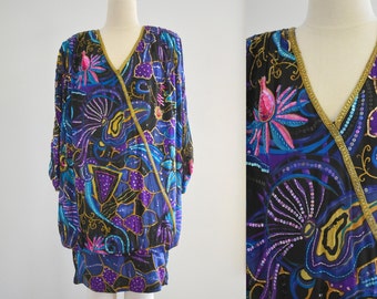 1980s Lillie Rubin/Judith Ann Silk Beaded Drop Waist Cocktail Dress