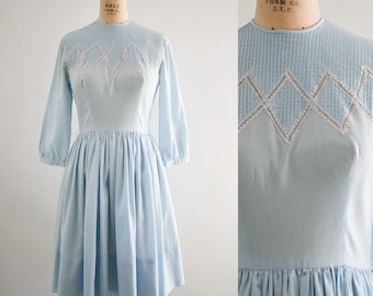 1950s Blue Pintucked Dress with Lace and Full Skirt