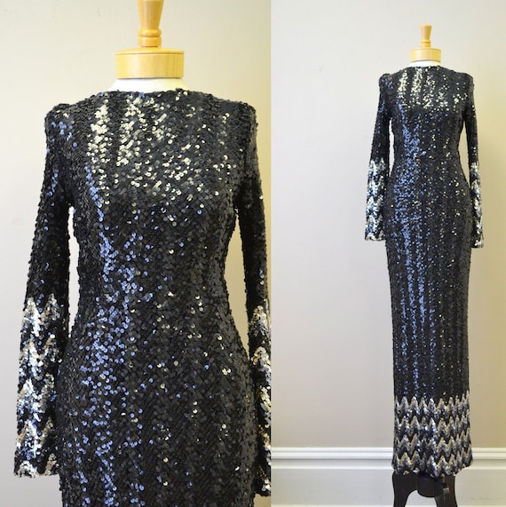 1970s Black and Silver Chevron Sequin Full Length… - image 1