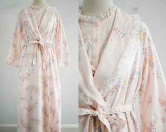 1980s Pink Floral Flannel Robe and Gown Set
