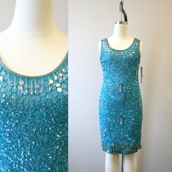 1990s NOS Scala Turquoise Sequin/Beaded Cocktail D