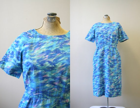 1960s Blue Printed Cotton Dress