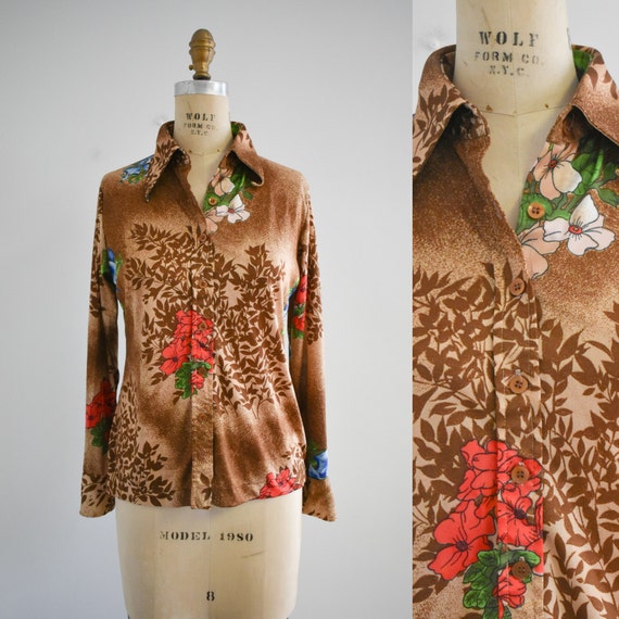 1970s Brown Floral Polyester Knit Blouse - image 1