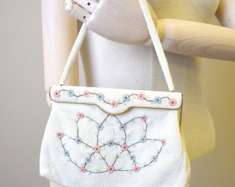 1940s Francoise White Floral Beaded Purse