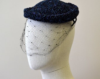 1940s Carnival Bead Blue Cocktail Hat