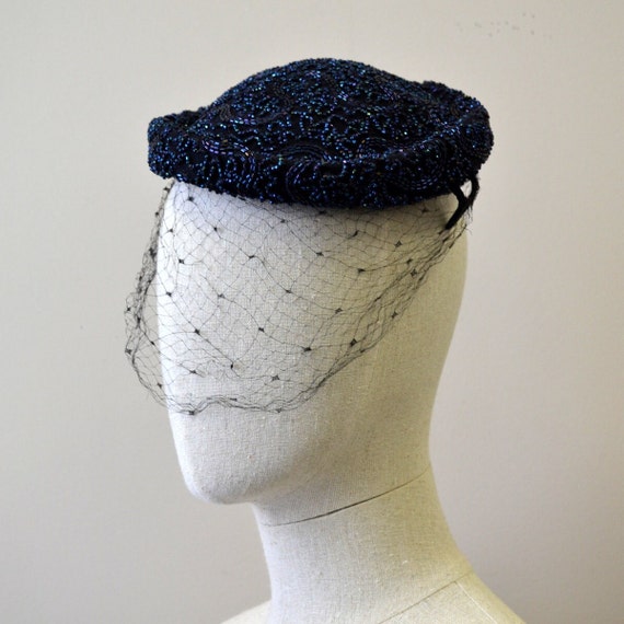 1940s Carnival Bead Blue Cocktail Hat