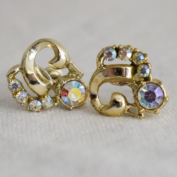 1950s/60s AB Rhinestone Screw Back Earrings - image 1