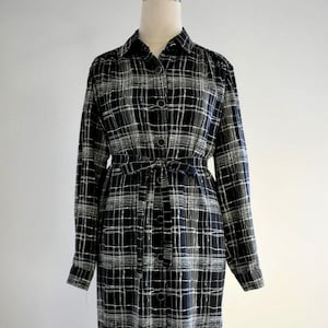 1990s Leslie Fay Black Plaid Shirt Dress