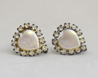 1940s Heart Faux Pearl and Rhinestone Screw Back Earrings