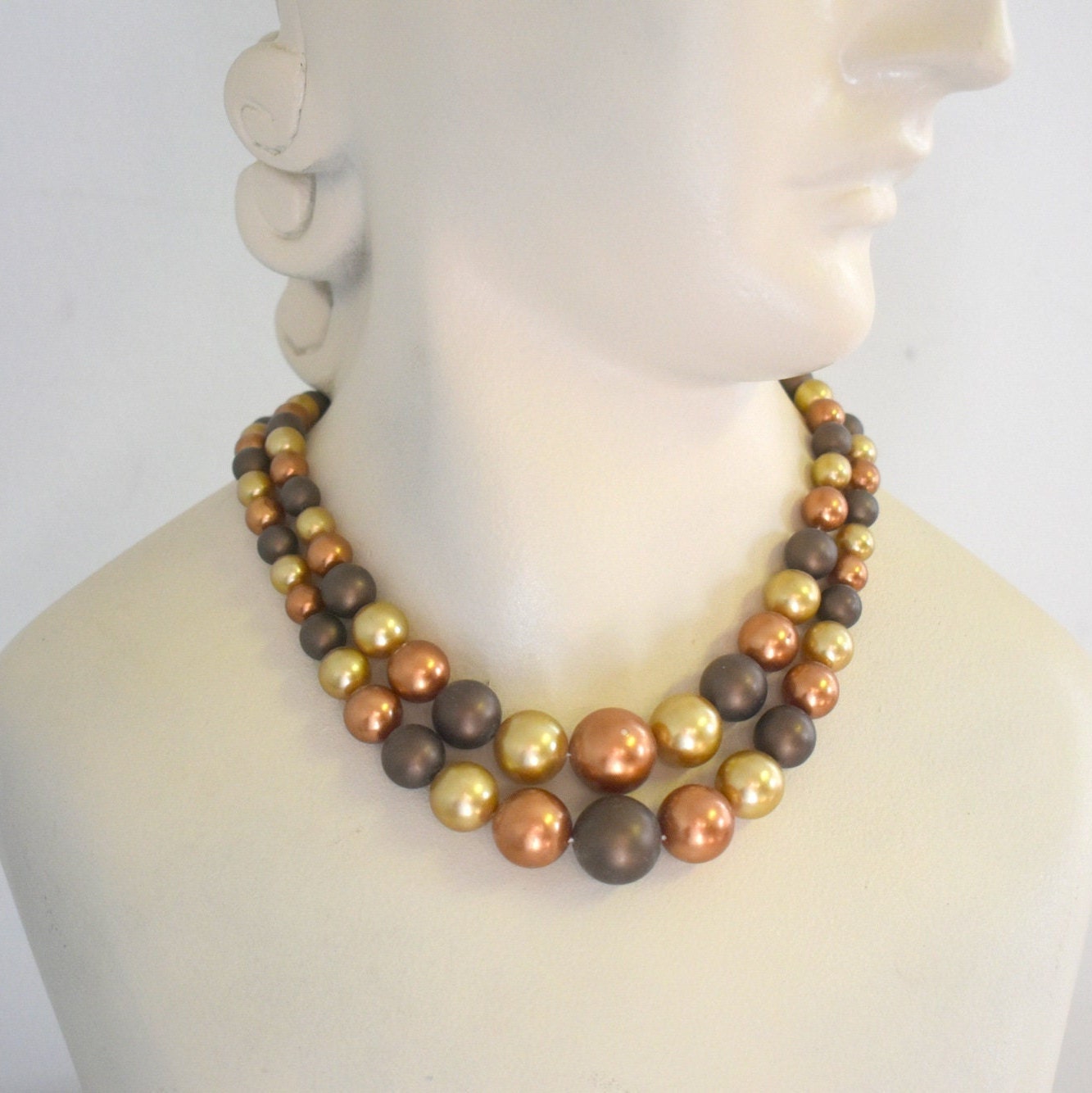 1950s/60s Brown and Gold Faux Pearl Two Strand Necklace