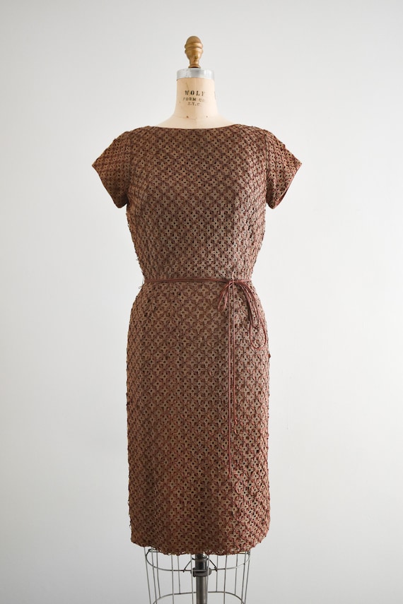 1950s Brown Woven Ribbon Wiggle Dress - image 2