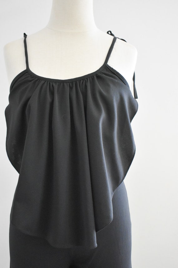 1970s Black Knit Ruffled Jumpsuit - image 2