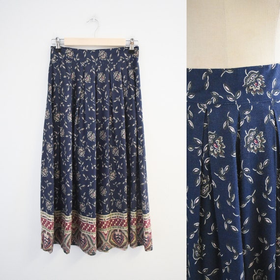 1990s Navy Printed Rayon Midi Skirt