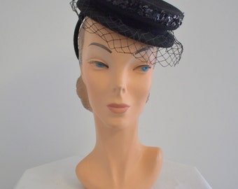 1940s New York Creations Black Felt and Sequin Tilt Hat with Netting