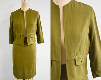1960s Olive Green Linen Skirt Suit