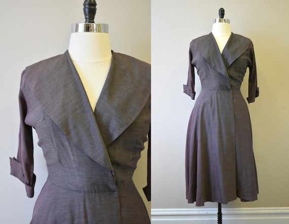 1950s Red-Brown Portrait Collar Wrap Dress