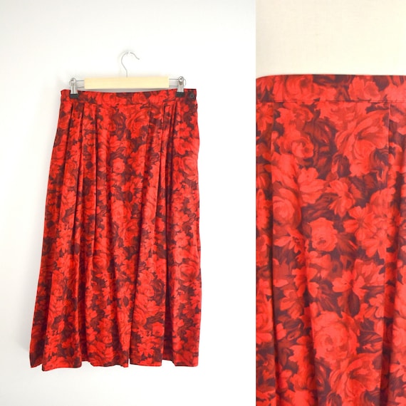 1990s Pendleton Red Floral Rayon Midi Skirt