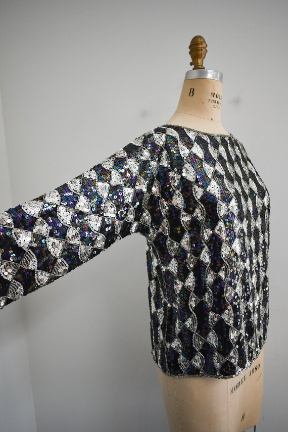 Vintage 80s Sequin Blouse Black Purple 12