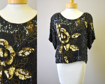 1980s Rose Sequin and Beaded Top