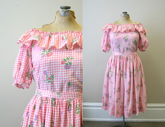 1950s Pink Gingham and Floral Two Piece Skirt Set