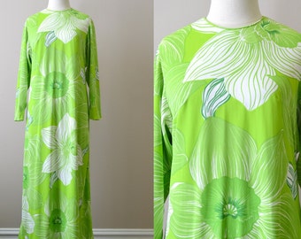 1960s Lime Green Floral Maxi Dress