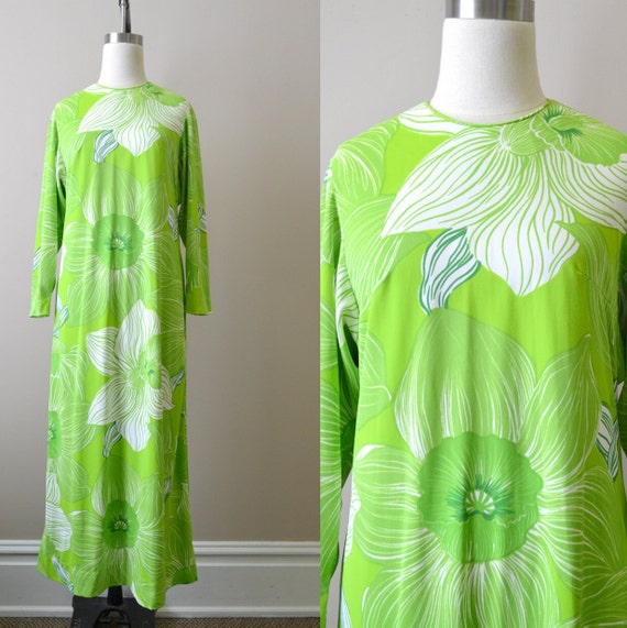 1960s Lime Green Floral Maxi Dress