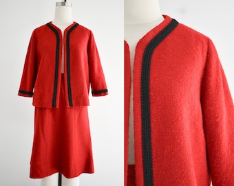 1960s Red Wool Blend Boucle Skirt Suit