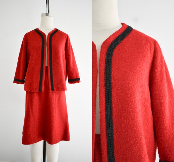 1960s Red Wool Blend Boucle Skirt Suit - image 1