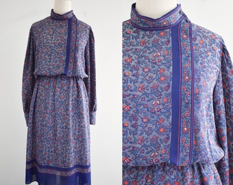 1980s Blue Floral Midi Dress