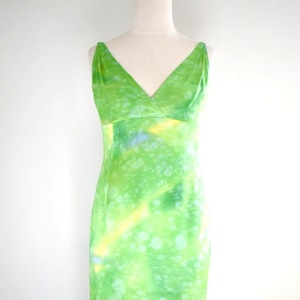 1990s/Y2K Green Watercolor Silk and Rhinestone Dress