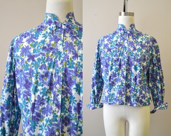 1960s Blue Floral Cotton Blouse