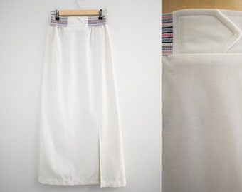 1970s White Knit Maxi Skirt with Striped Waistband