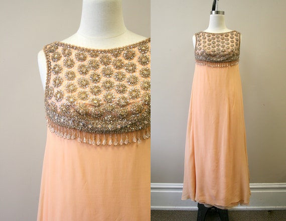 1960s Peach Silk Chiffon Beaded Evening Gown