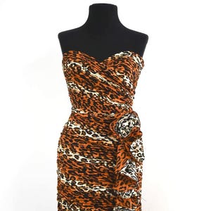 1980s Lillie Rubin Animal Print Ruched and Ruffled Cocktail Dress