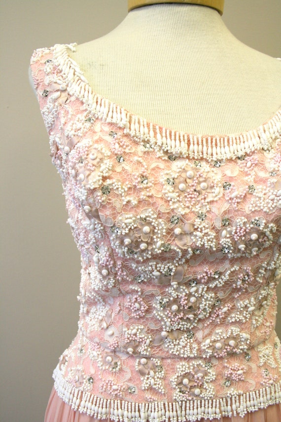 1960s Pat Sandler Pink Beaded Lace and Chiffon Dr… - image 4