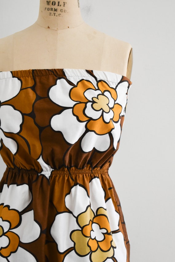 1970s/80s Brown Floral Strapless Mini Dress - image 3