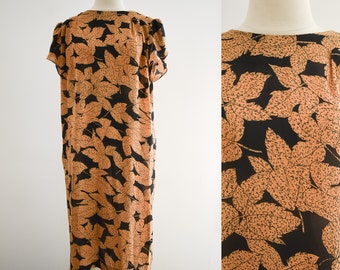 1980s Leaf Print Chiffon Dress