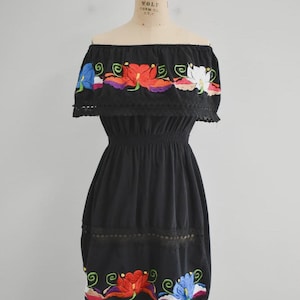 Vintage Floral Embroidered Black Mini Dress