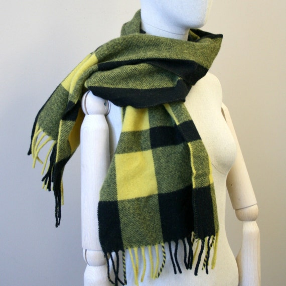 1980s Cadaz Yellow and Black Plaid Lambswool Scarf
