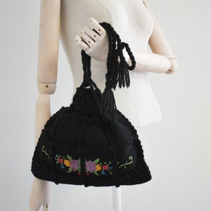 Vintage Wool Drawstring Purse with Floral Design