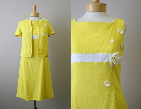 1960s Minx Modes Yellow Daisy Dress and Jacket Set