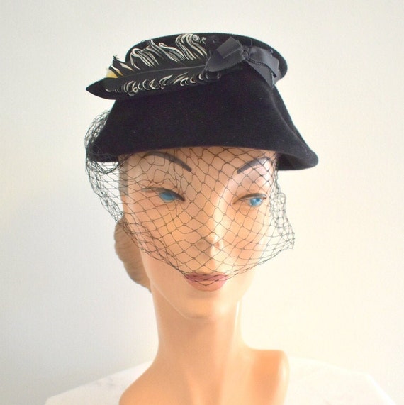 1940s Black Velour Hat with Feather