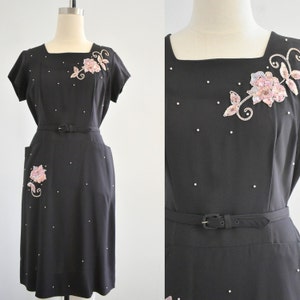 1940s Black Dress with Pearl Studs and Sequin Appliques