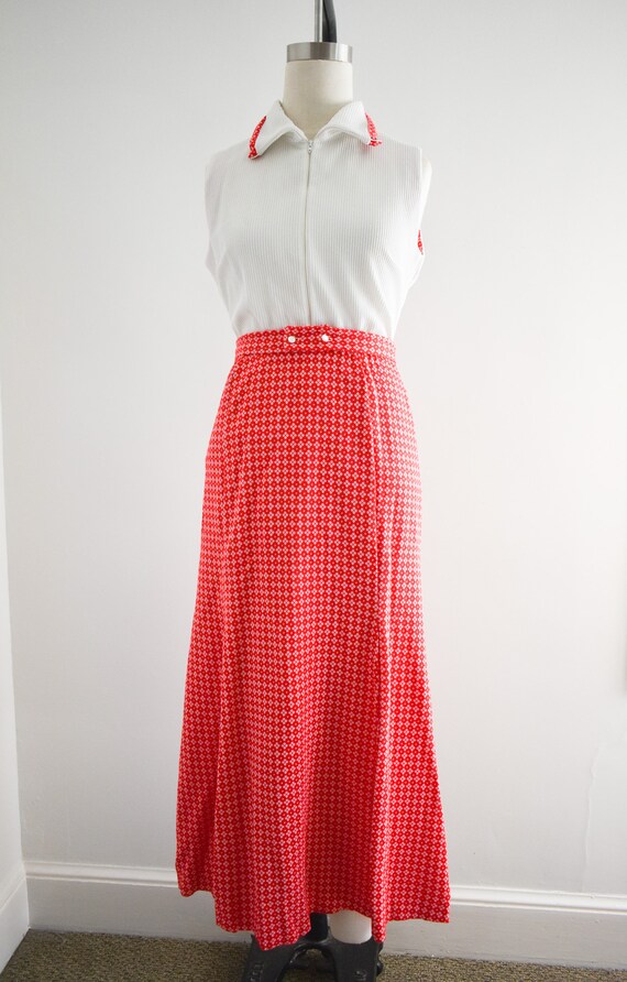 1970s White Bodysuit and Red Maxi Skirt Set Gem
