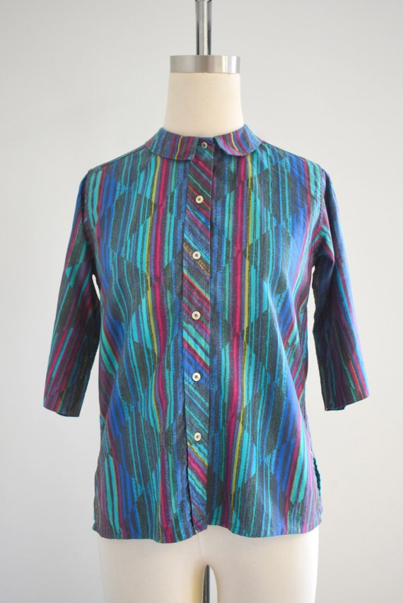 1950s/60s Diamond Striped Printed Cotton Blouse - image 2