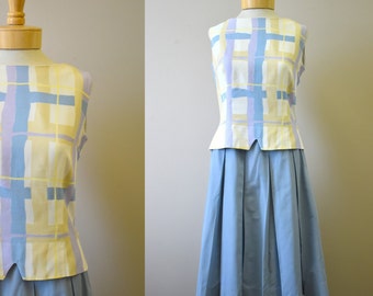 1960s Plaid Sleeveless Blouse and Pleated Skirt Set