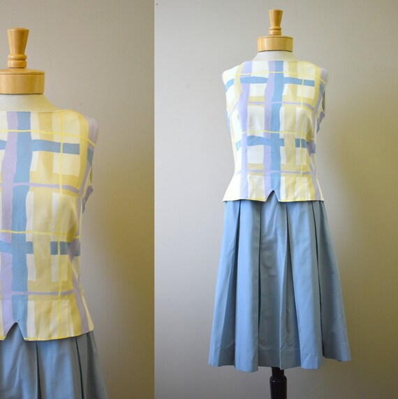 1960s Plaid Sleeveless Blouse and Pleated Skirt S… - image 1