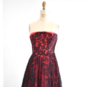 1950s Black Lace and Tulle Dress with Red Lining