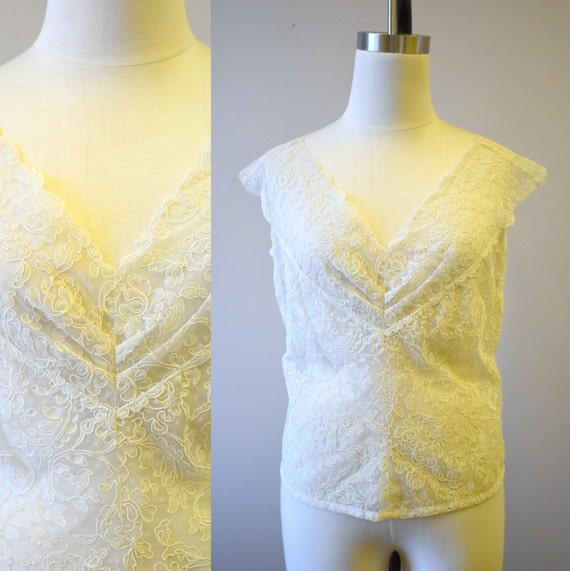 1950s Cream Sheer Blouse with Lace-Like Pattern